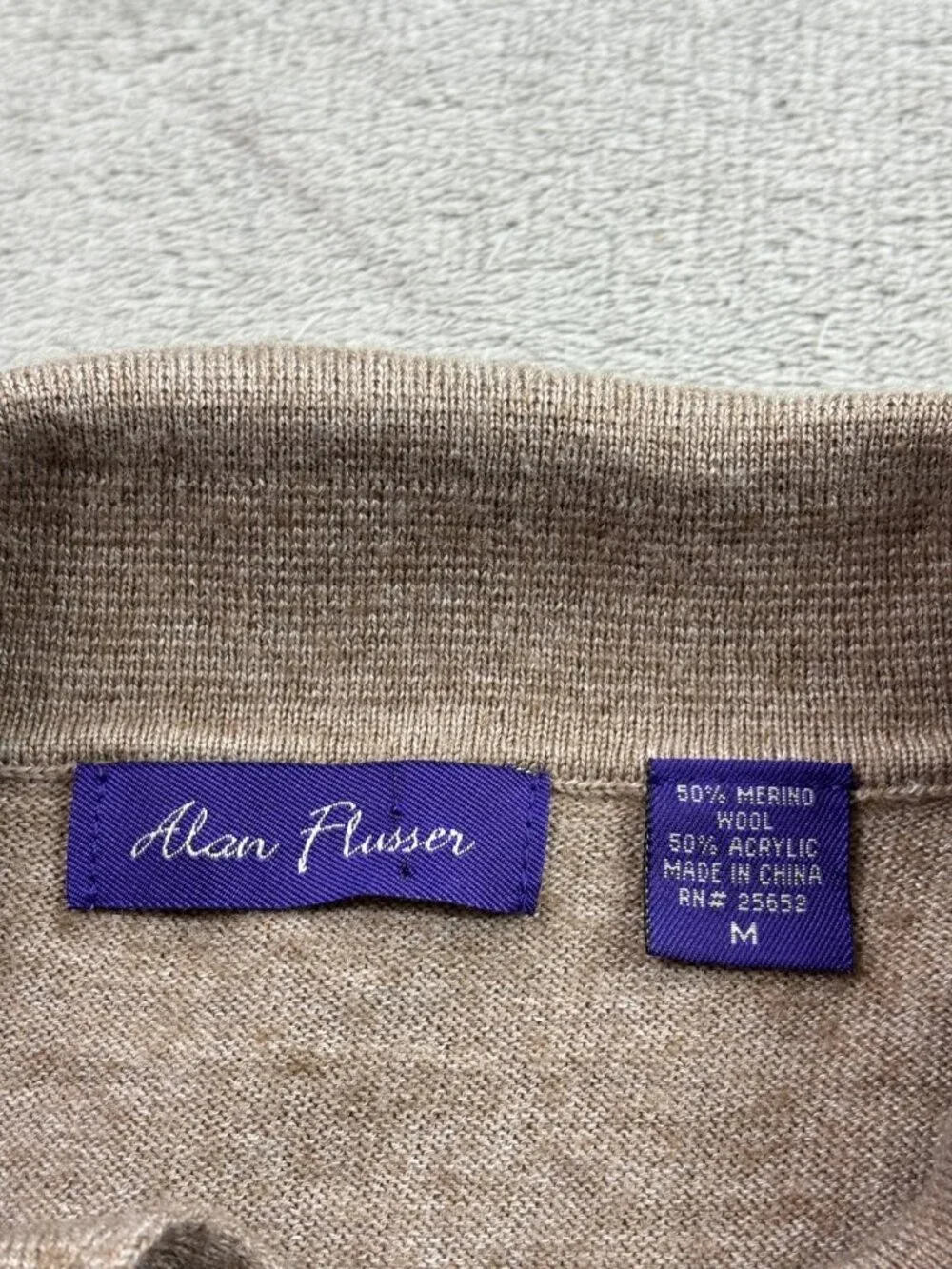 Alan Flusser Classic Polo Sweater Mens Medium Tan Merino Wool Ribbed Hem Golf